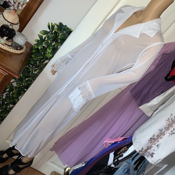 Y2K White sheer flapper fringe sexy maxi duster cardigan club coat jacket S - Picture 13 of 14